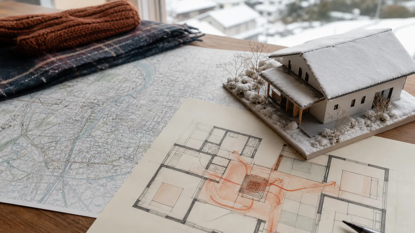 会津若松の市街地図と積雪した住宅、暖房を考えた間取り図