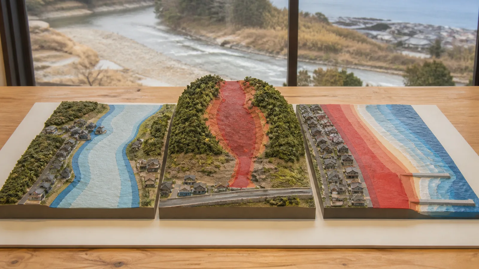 川、斜面、海岸の災害範囲を重ねた土地比較模型