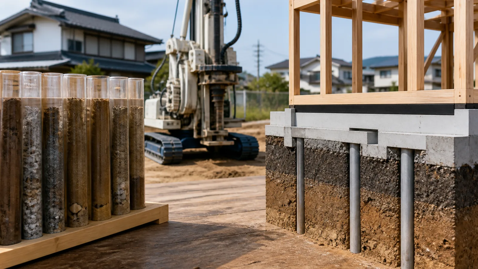地盤サンプルと改良杭を示した住宅基礎の断面模型
