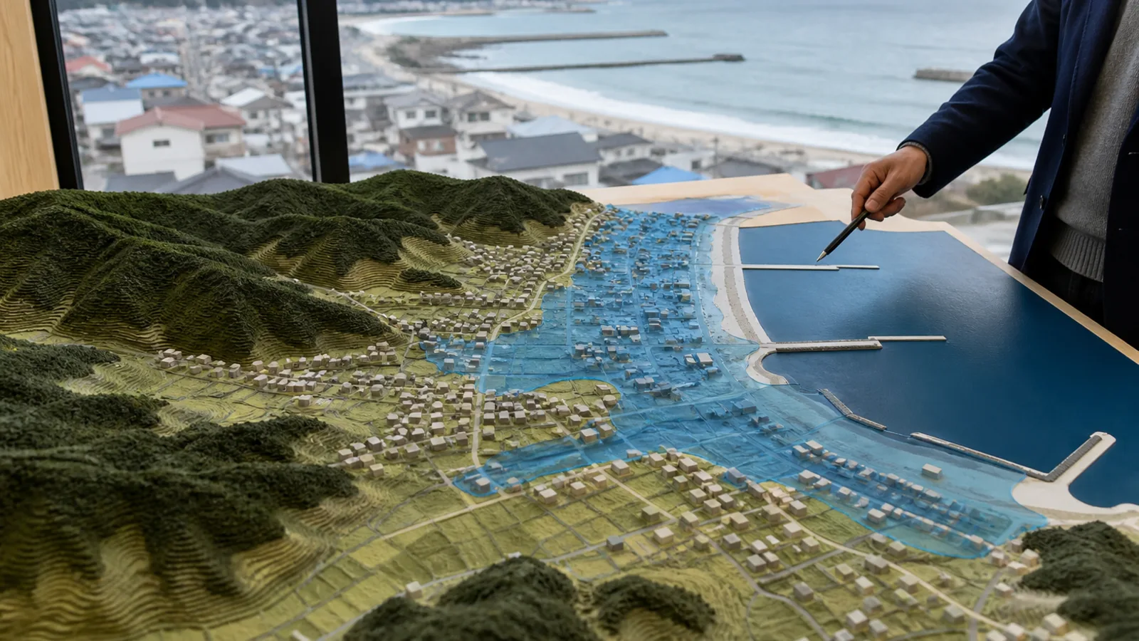 いわき市の海岸、高低差、浸水域と住宅候補地を示す地形模型