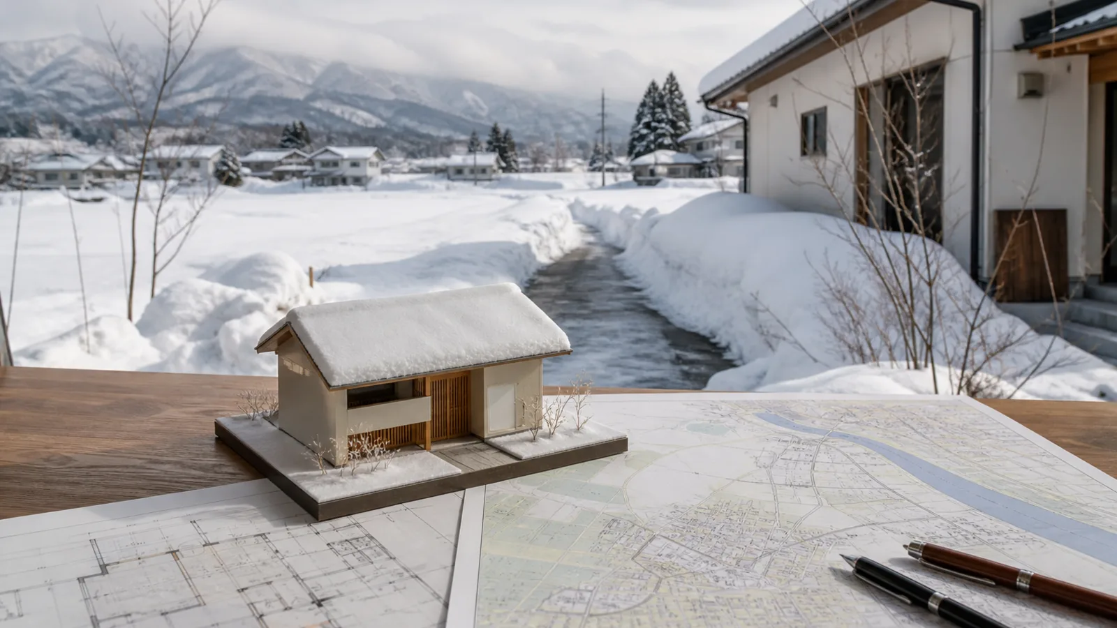 喜多方の積雪と除雪経路、施工エリアを確認する住宅模型
