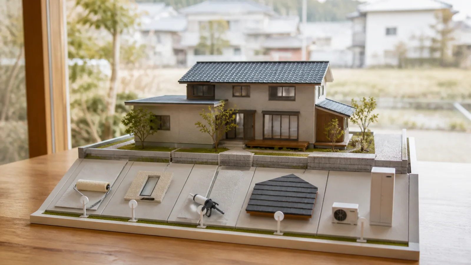 外壁、屋根、設備の手入れを10年と20年の時点で示した住宅模型