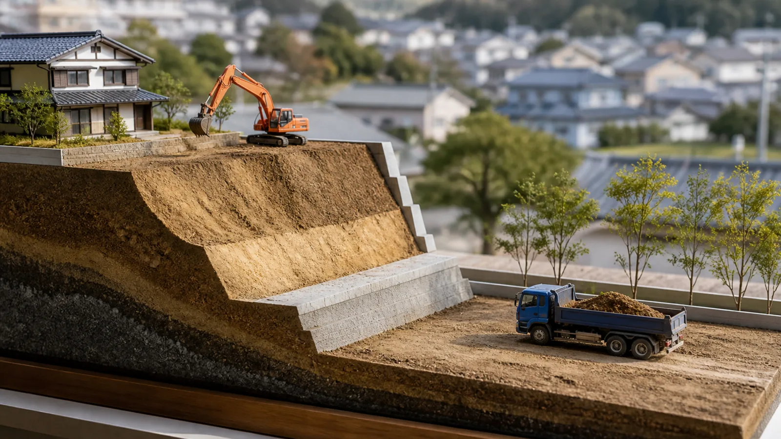 擁壁と切土、盛土、残土搬出を示した造成地の断面模型