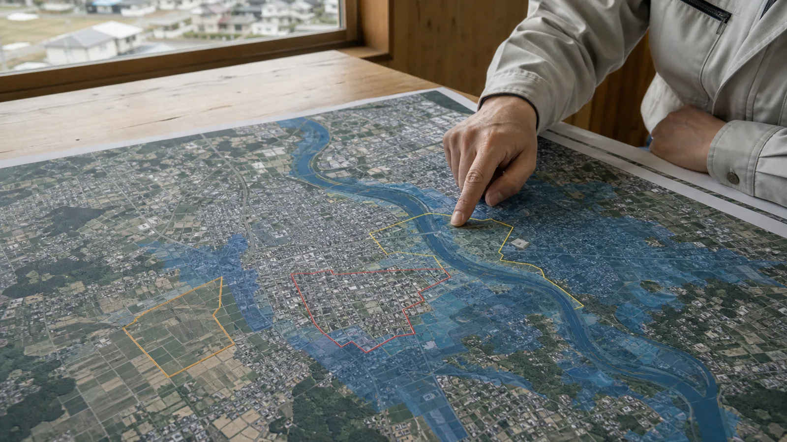 須賀川市の河川、浸水域、住宅候補地、施工範囲を示す地図