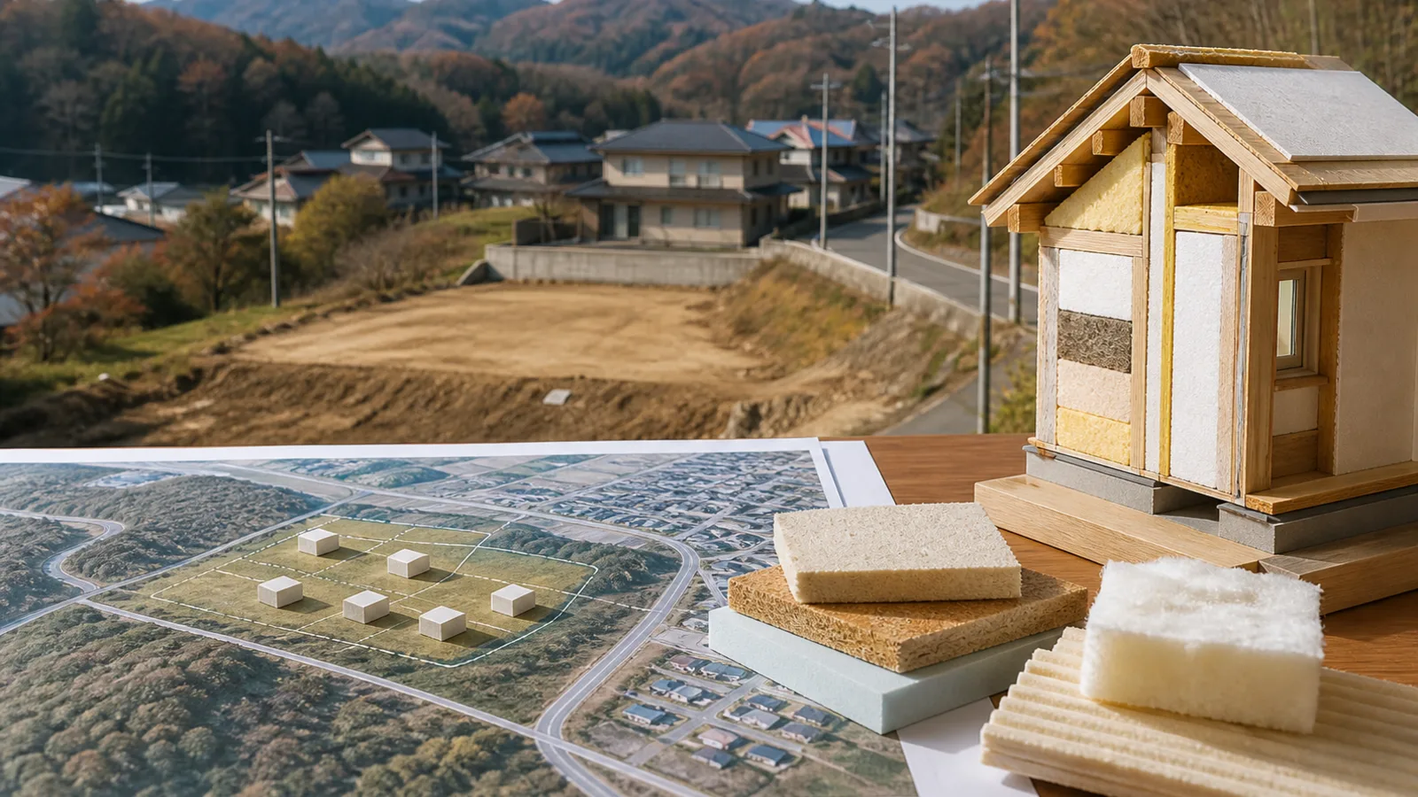 田村市の丘陵地と候補地、施工エリア、断熱材サンプル