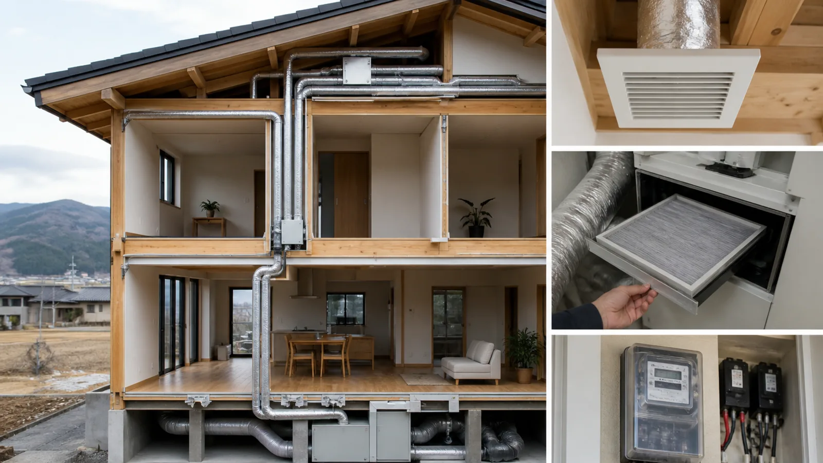 給排気ダクトと全館空調、交換フィルターを示す住宅断面