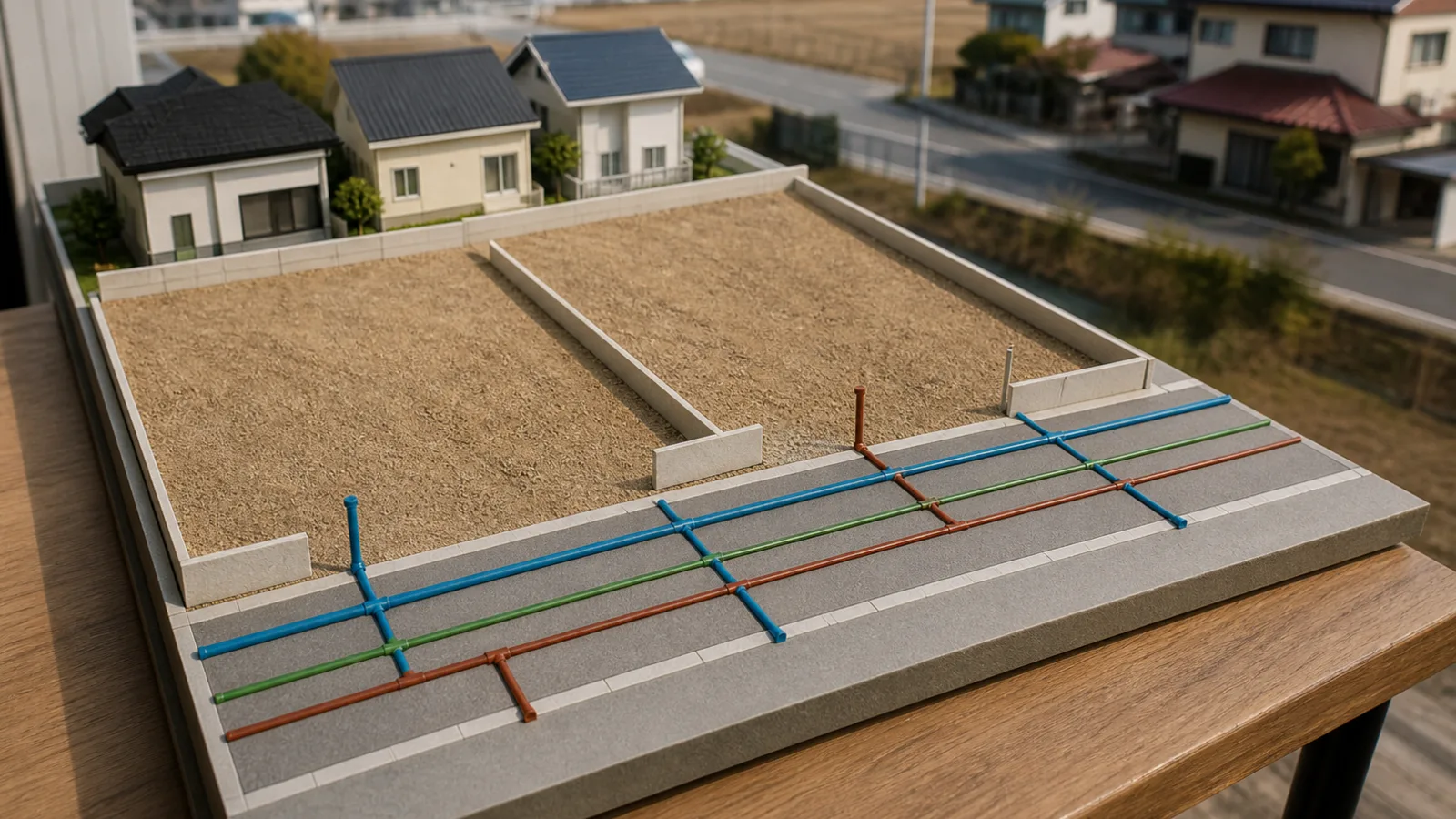 道路幅と接道、上水道、下水道を色分けした候補地模型