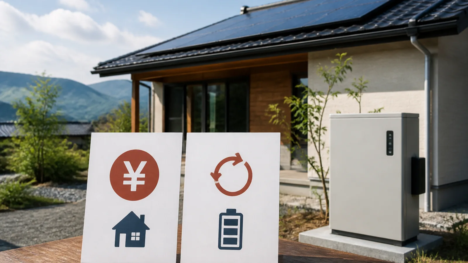 太陽光パネルと蓄電池、初期費用と交換時期を示す住宅模型