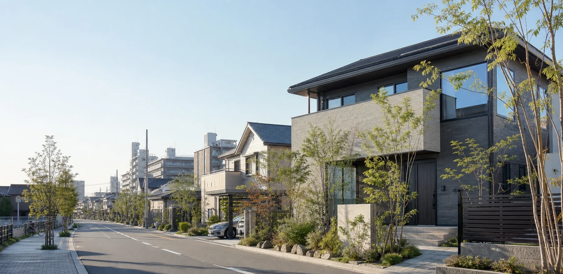 街路樹のある住宅地に建つ二階建ての家